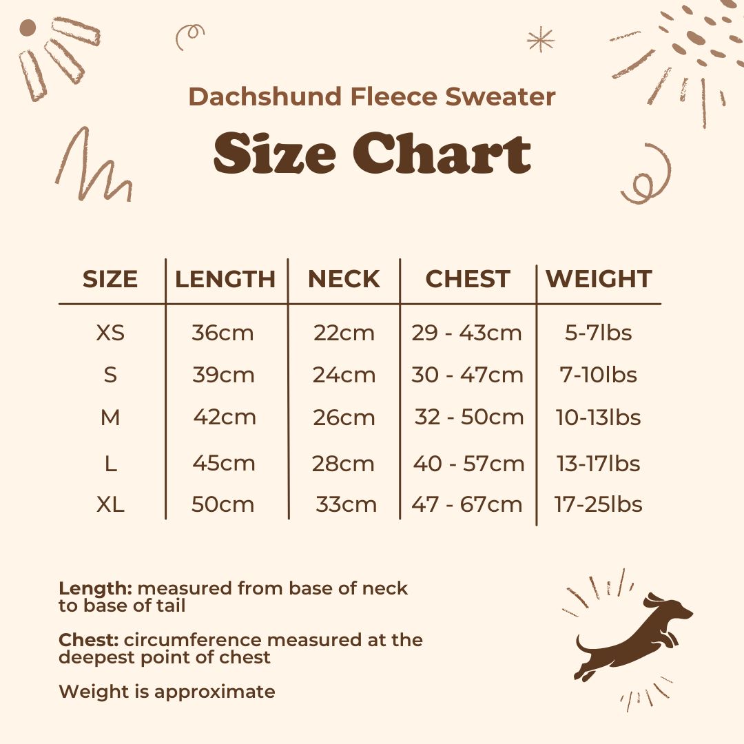 Longboi Dachshund Fleece Sweater size chart