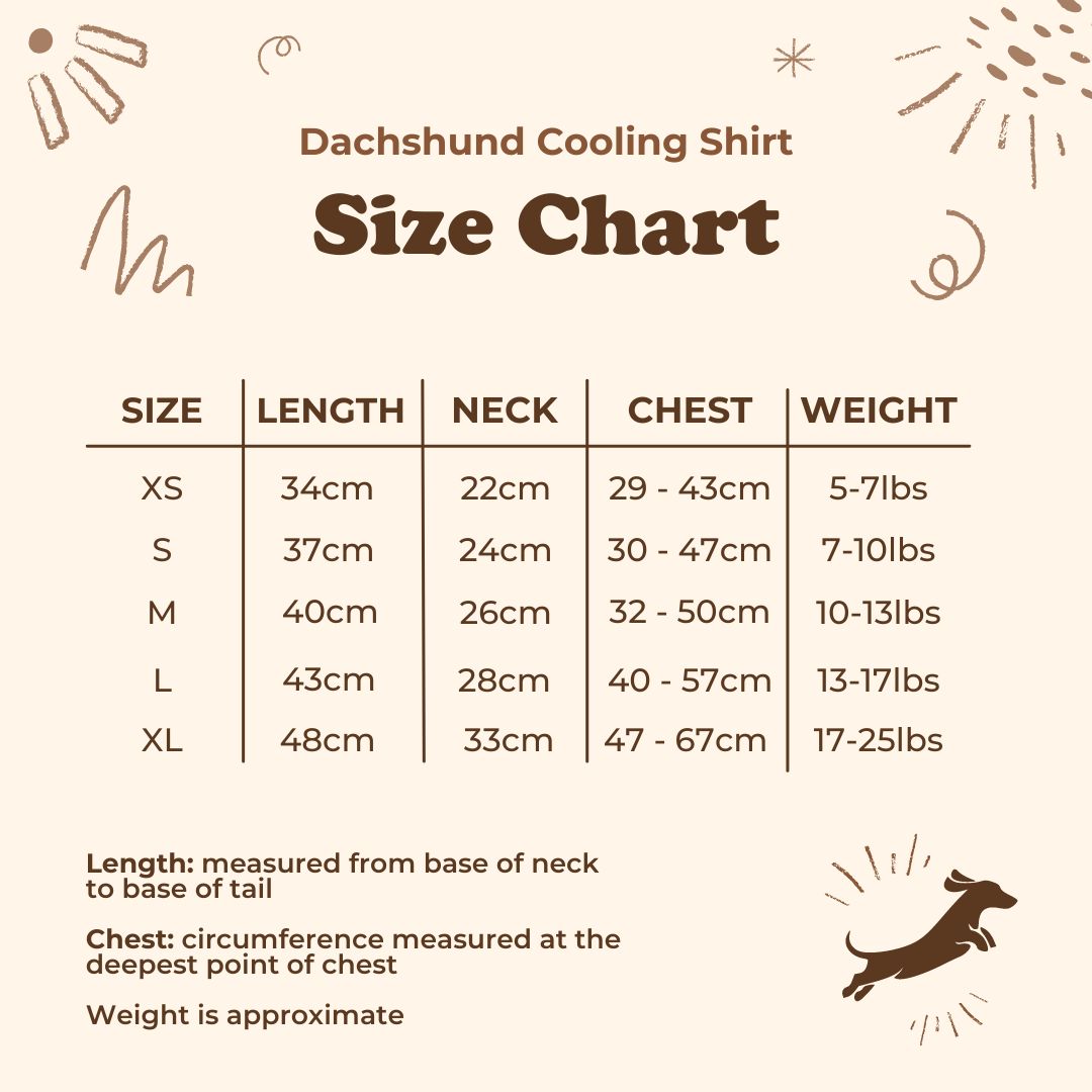 Longboi Dachshund Cooling Shirt size chart
